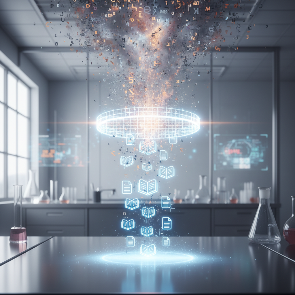 A conceptual visualization of digital data streams being filtered into clear, organized academic source cards.