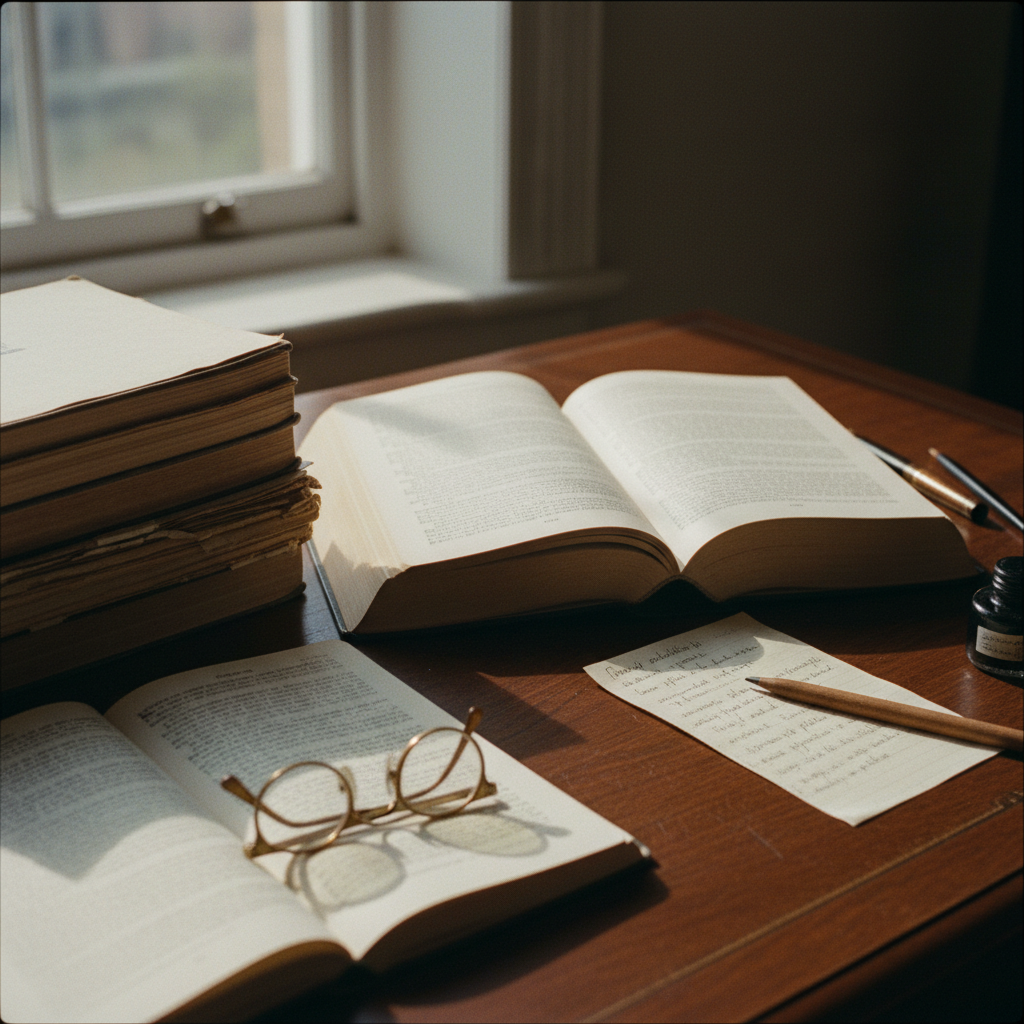 A close-up of a weathered wooden desk featuring a stack of academic journals, an open heavy hardcover book, and a pair of brass spectacles under soft morning light.