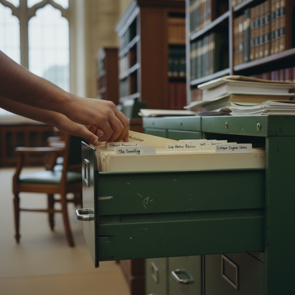 A physical filing cabinet drawer pulled open, revealing neatly labeled manila folders with handwritten research categories.
