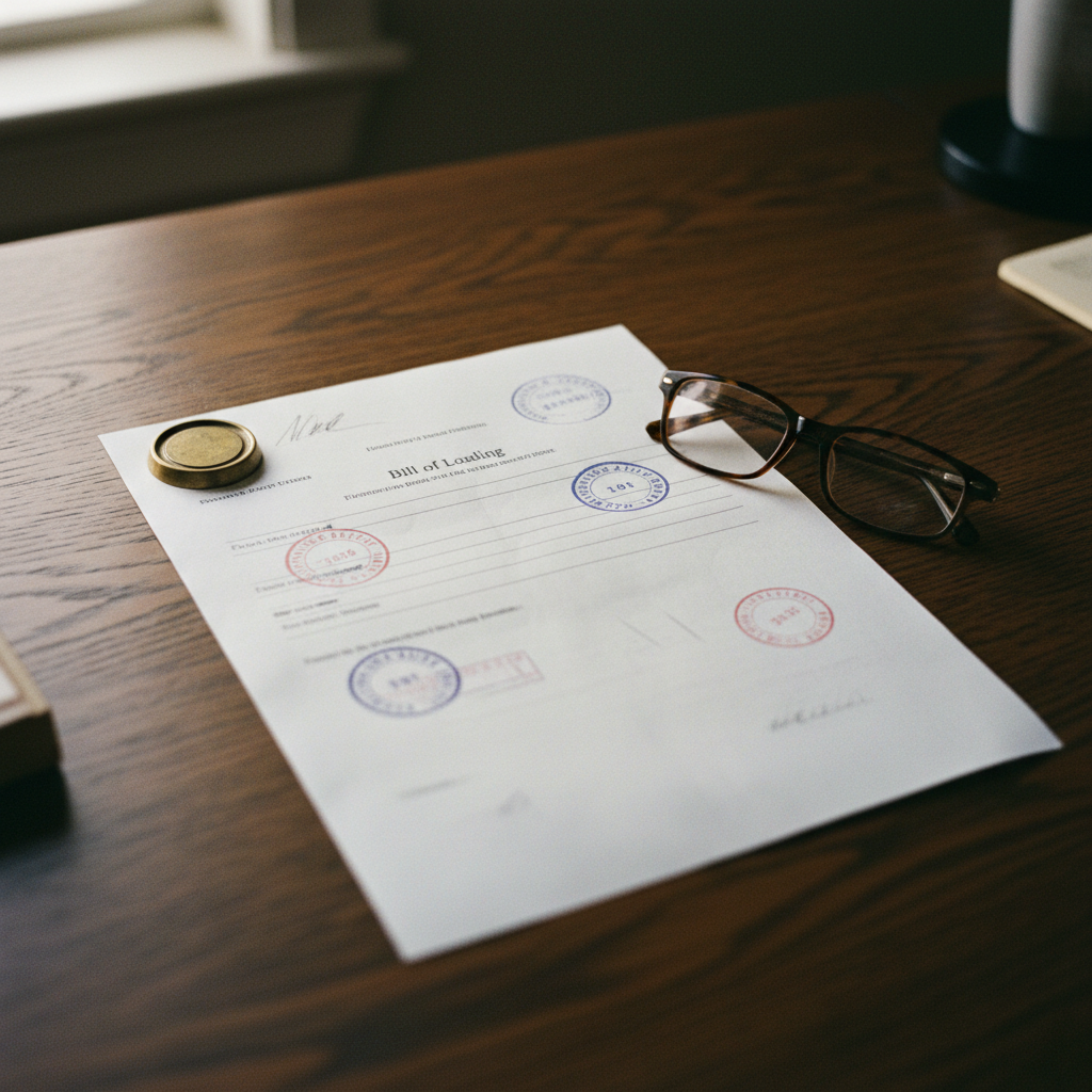 A commercial shipping document and a brass compass on a dark wooden desk.