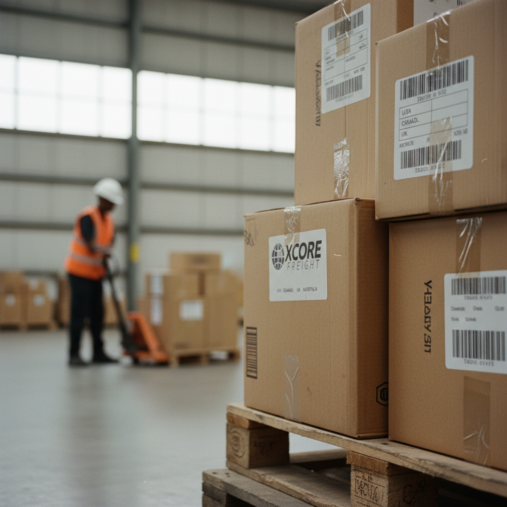 Stacked cardboard boxes with Amazon FBA labels being prepared in a clean warehouse environment.