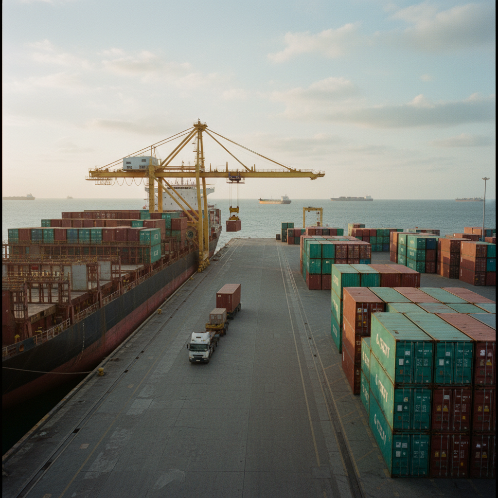 A large container ship being loaded with colourful shipping containers at a busy port during golden hour.