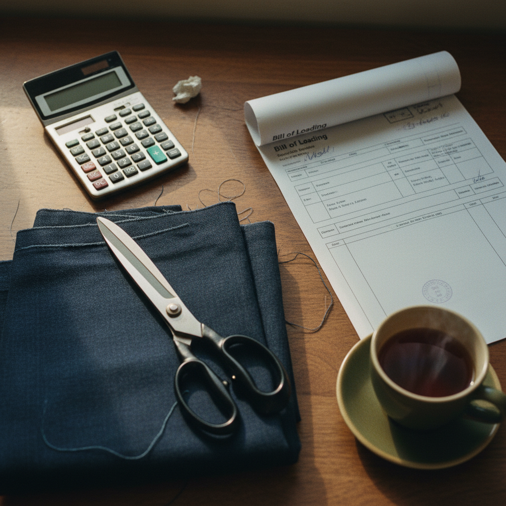 A detailed view of shipping documents, a calculator, and a textile sample on a wooden desk.
