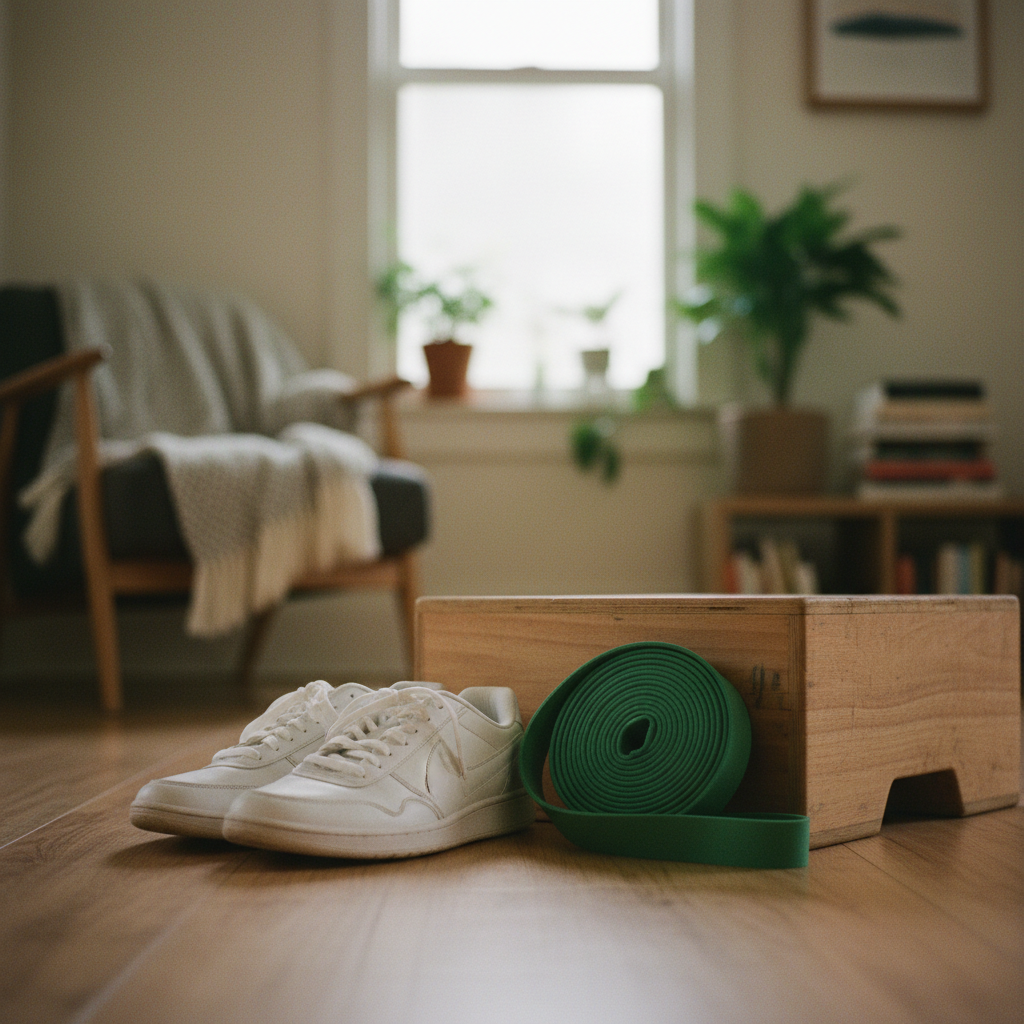 A close-up of a resistance band and a pair of athletic shoes neatly placed by a bench.