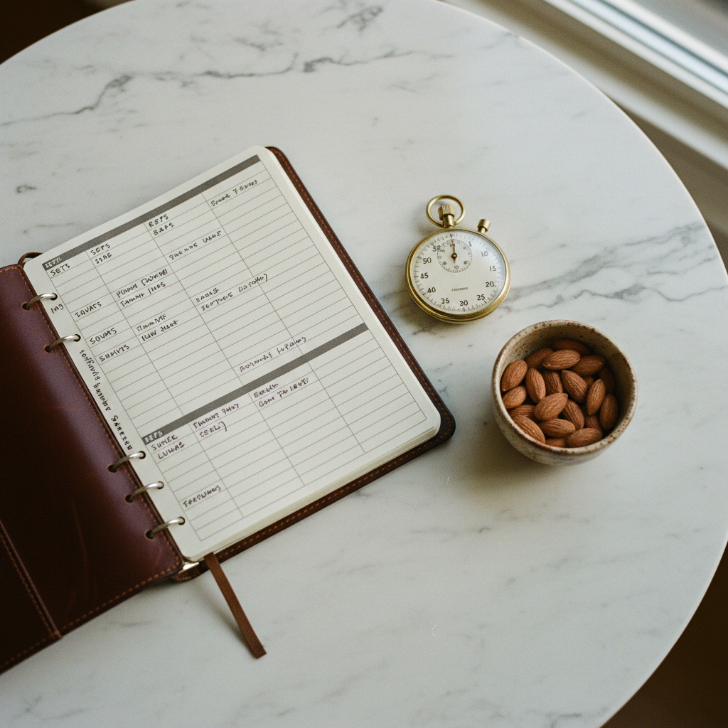 A notebook with handwritten workout logs and a stopwatch on a marble tabletop.