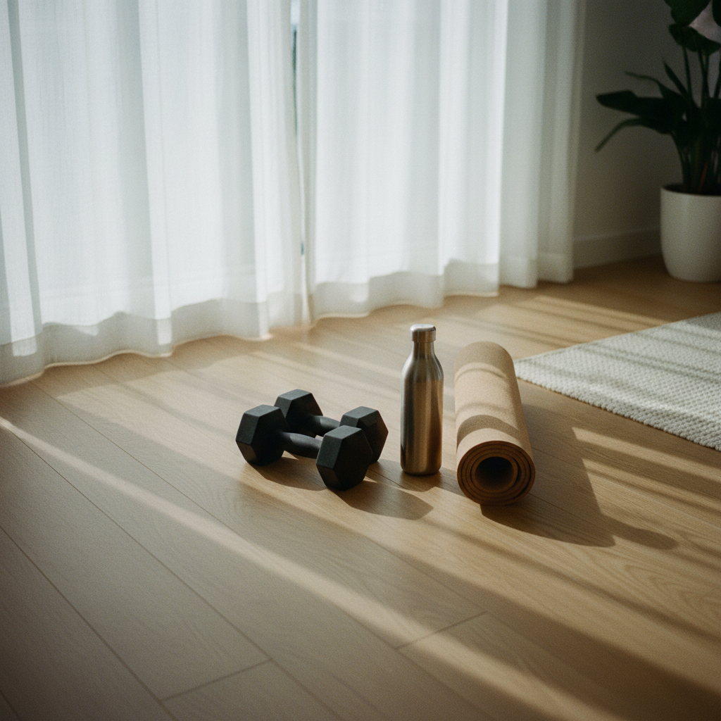 A set of iron dumbbells and a yoga mat on a clean wooden floor in a brightly lit private home studio.