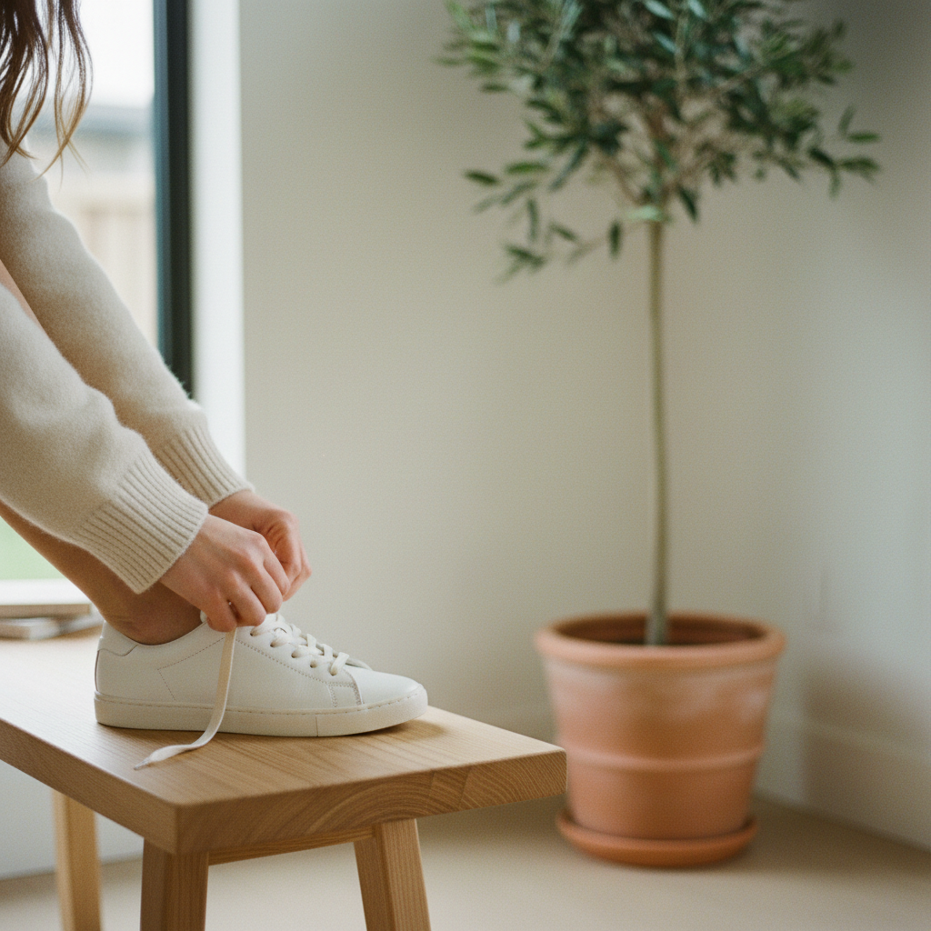 A woman's hands tying the laces of a clean, white athletic shoe on a wooden bench.