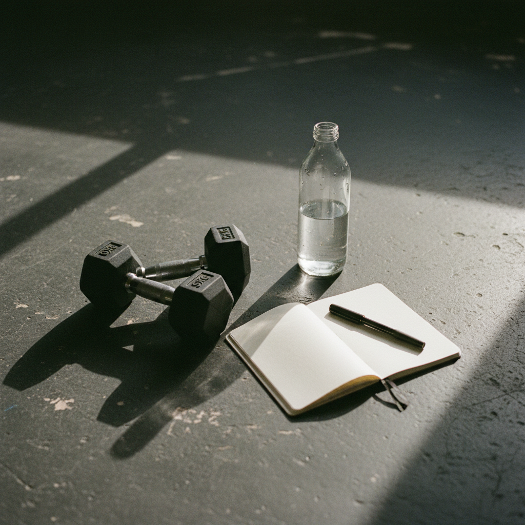 Close-up of a pair of dumbbells on a high-quality rubber gym mat with a water bottle and a notebook nearby.