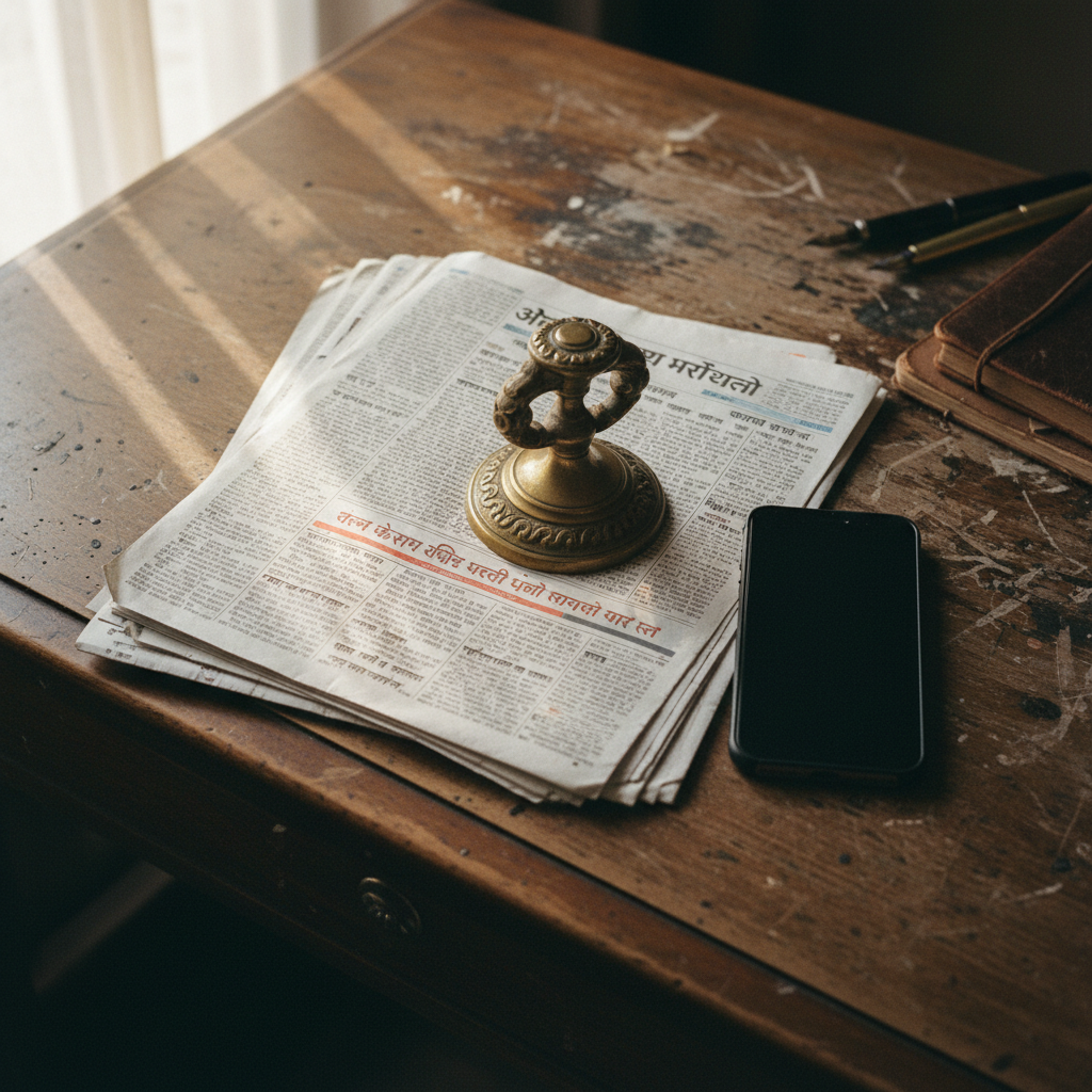 A single vintage-style brass paperweight resting on a stack of local newspapers on a wooden desk, softly lit by morning sun.