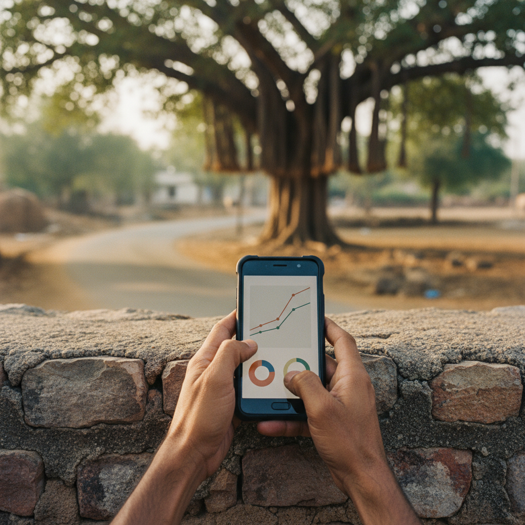 A close-up of hands holding a smartphone displaying a clean, professional news dashboard in a rural outdoor setting.