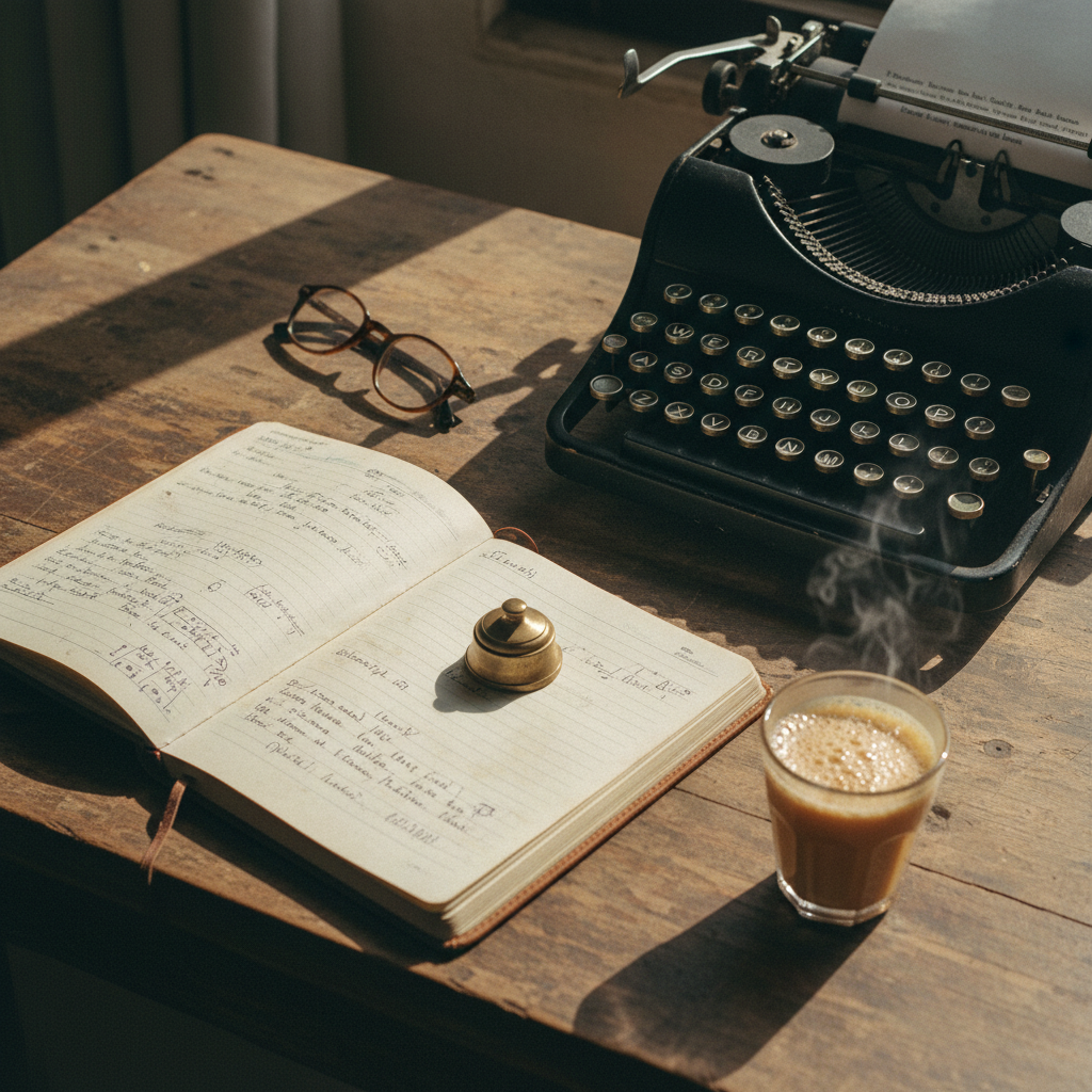 Close-up of a journalist's worn leather notebook resting on a wooden table next to a vintage typewriter and a glass of chai in a sunlight-drenched room.