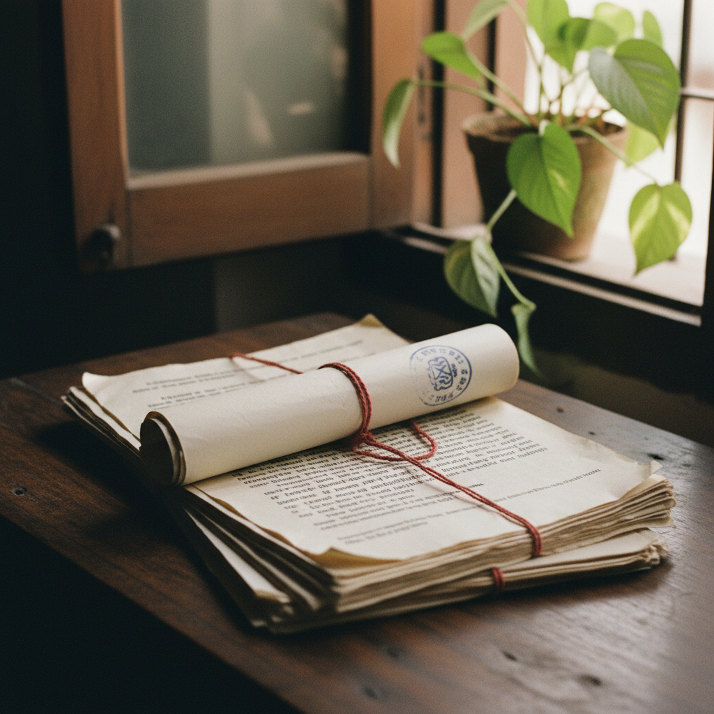 A stack of official government documents with blue ink stamps resting on a teak filing cabinet near a window.