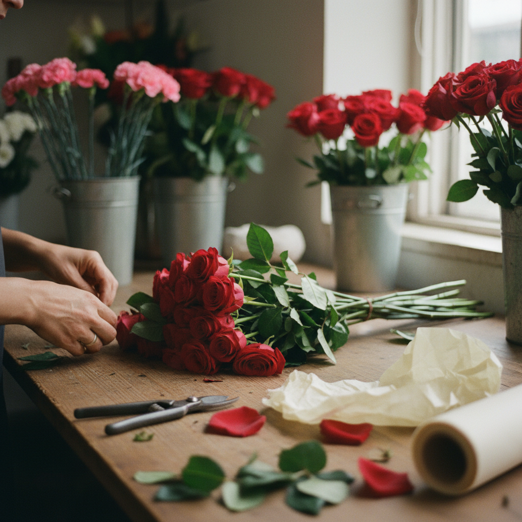 Florista profesional preparando un ramo de 50 rosas en un taller luminoso.