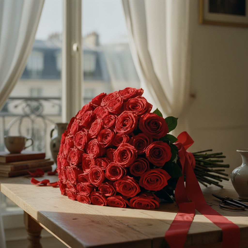 Ramo de 100 rosas rojas frescas sobre una mesa de madera rústica en un salón iluminado por el sol.
