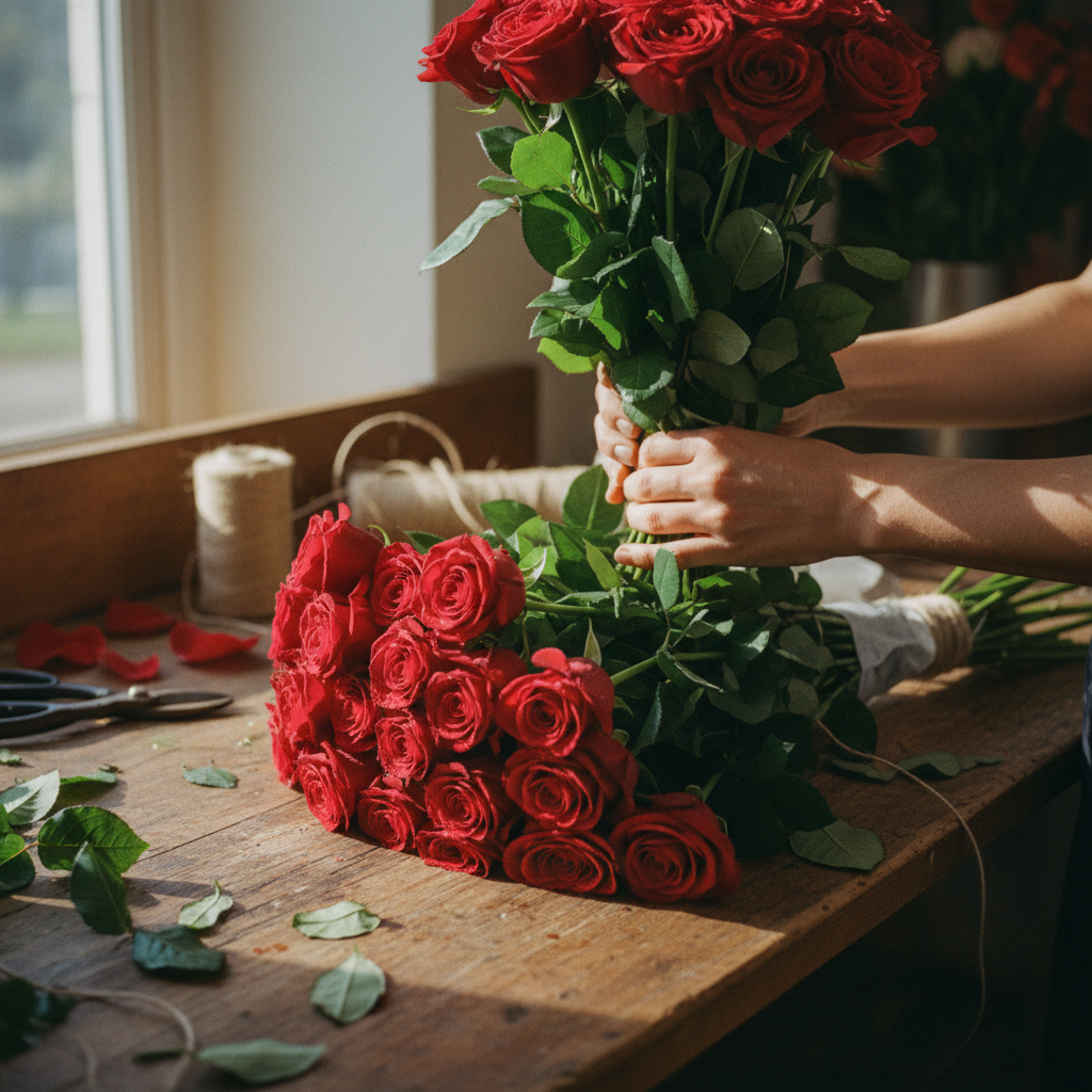 Primer plano de manos expertas preparando un ramo de 100 rosas rojas frescas en un taller floral iluminado con luz natural.