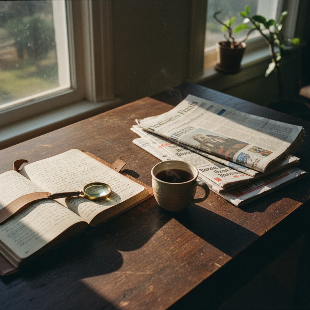 A close-up shot of a researcher's desk with a vintage typewriter, ledger books, and a glass of tea.