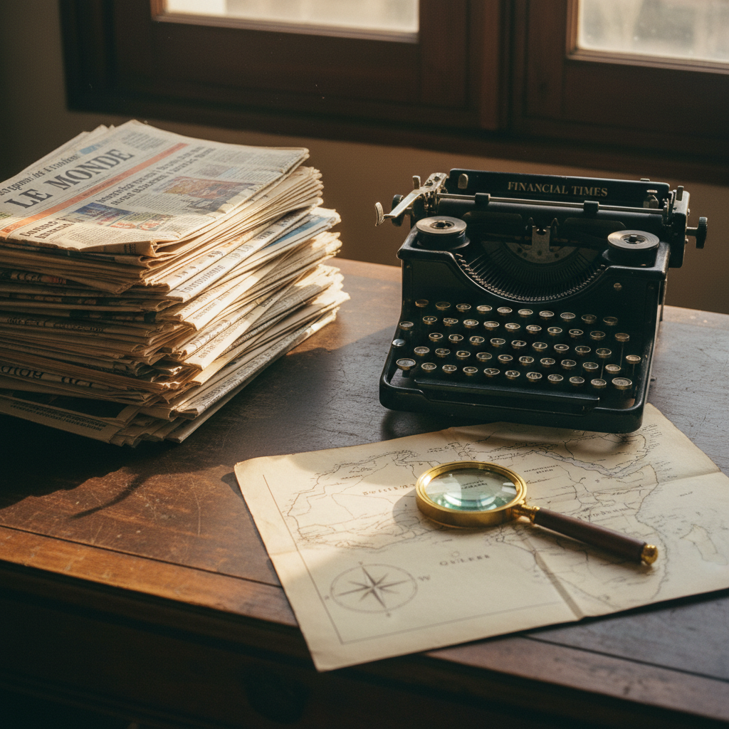 A clean, organized desk with a vintage typewriter, a stack of international newspapers, and a hand-drawn map of West Africa.
