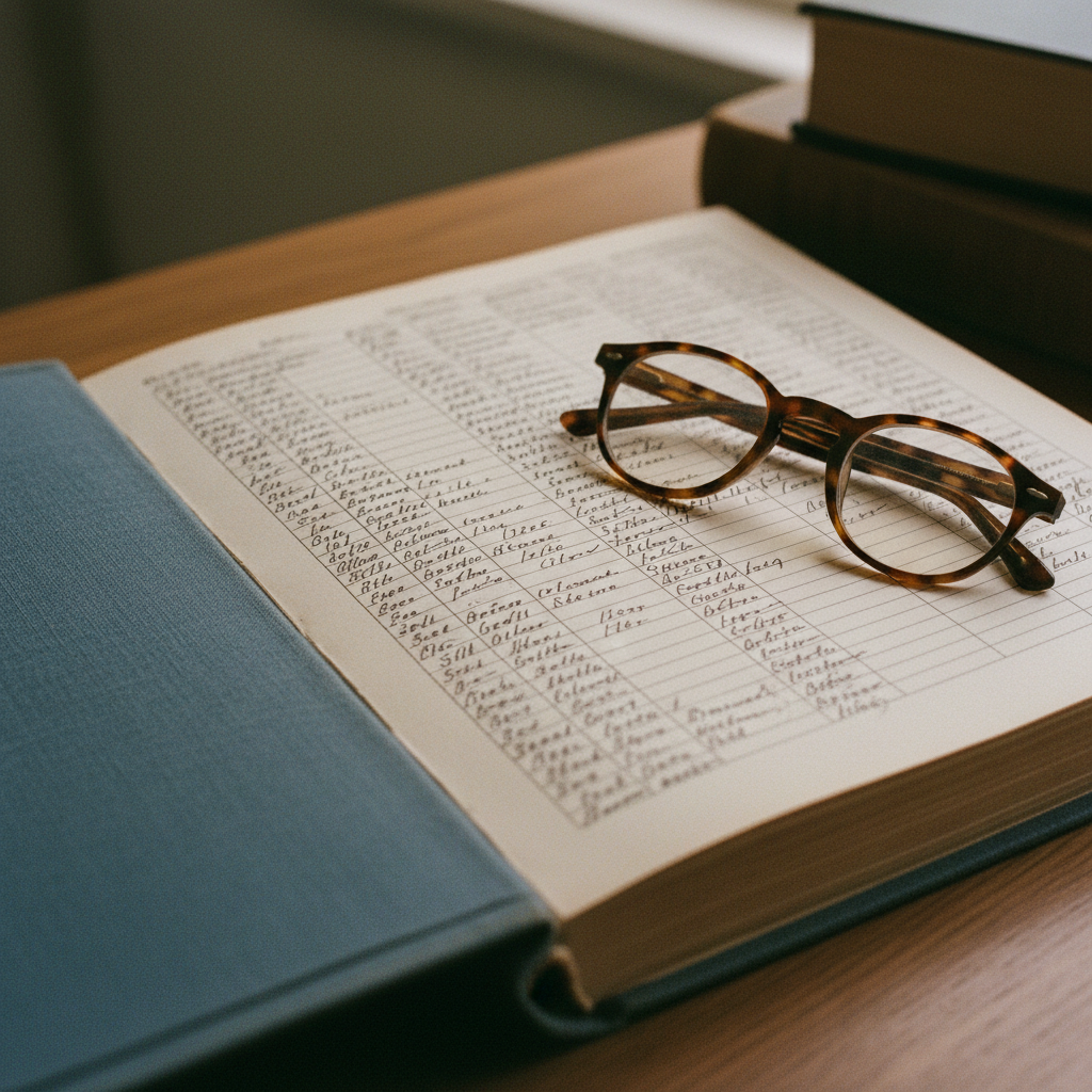 A detailed archival ledger open to a page filled with neatly handwritten columns of data and a pair of spectacles.