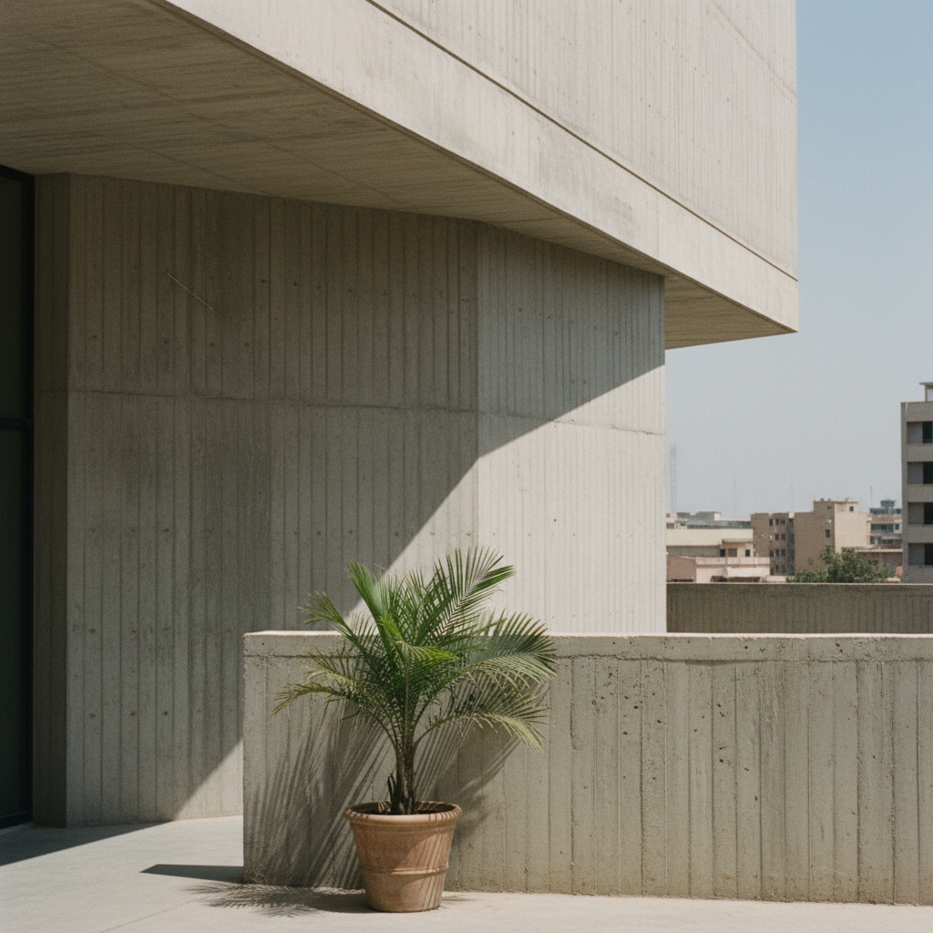 A high-angle architectural shot of a modern concrete building with brutalist influences, casting sharp shadows in the bright Lagos afternoon sun.