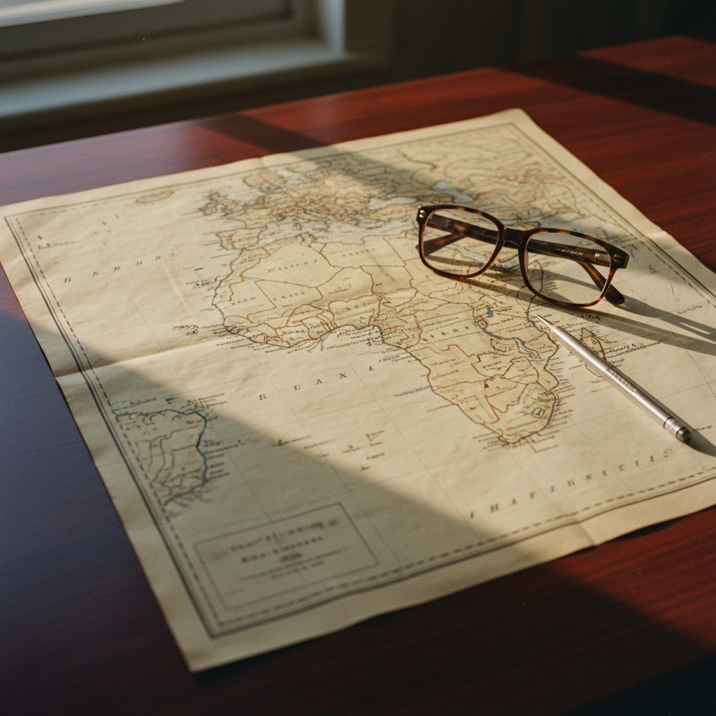 A close-up of a weathered topographic map of the Gulf of Guinea resting on a dark wood desk next to a vintage brass compass and a pair of spectacles.
