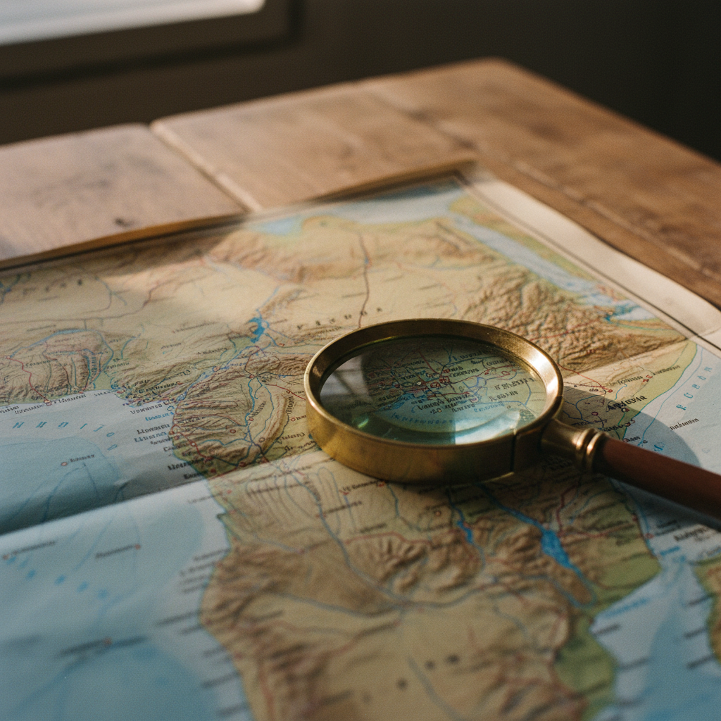 Close-up of a magnifying glass over a detailed topographical map of West Africa, highlighting trade routes and urban hubs.