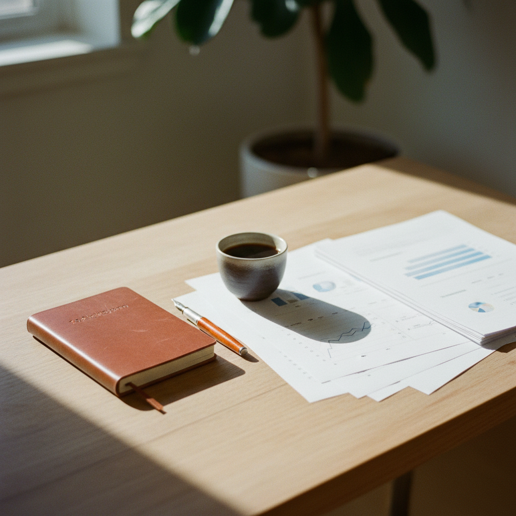 A clean, minimalist desk with a leather-bound notebook, a fountain pen, and a stack of printed financial reports on a teak wood surface.