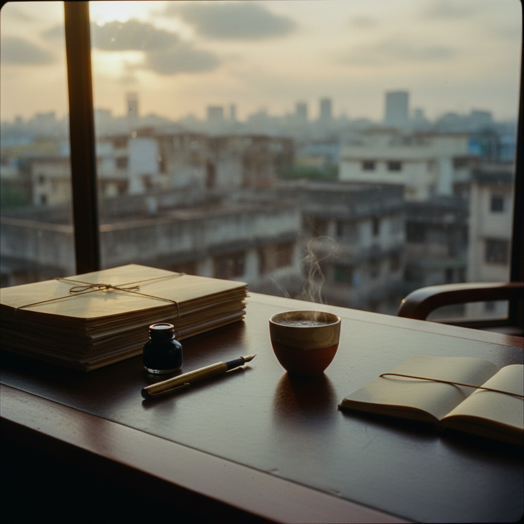 A professional workspace in Mumbai featuring a heavy wooden desk with a stack of printed economic reports, a brass paperweight, and a morning cup of chai.