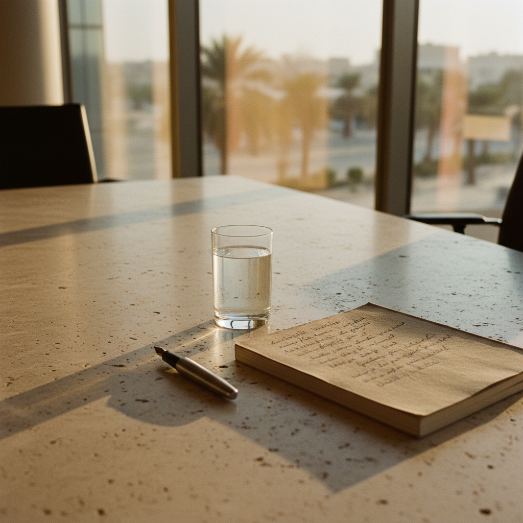 A high-end executive boardroom in Dubai with minimalist stone surfaces and professional stationery.