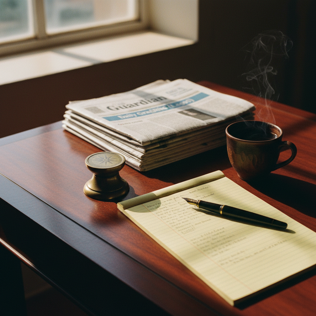 A close-up of a weathered wooden desk with a stack of local West African newspapers, a legal notepad with handwritten notes, and a brass compass.