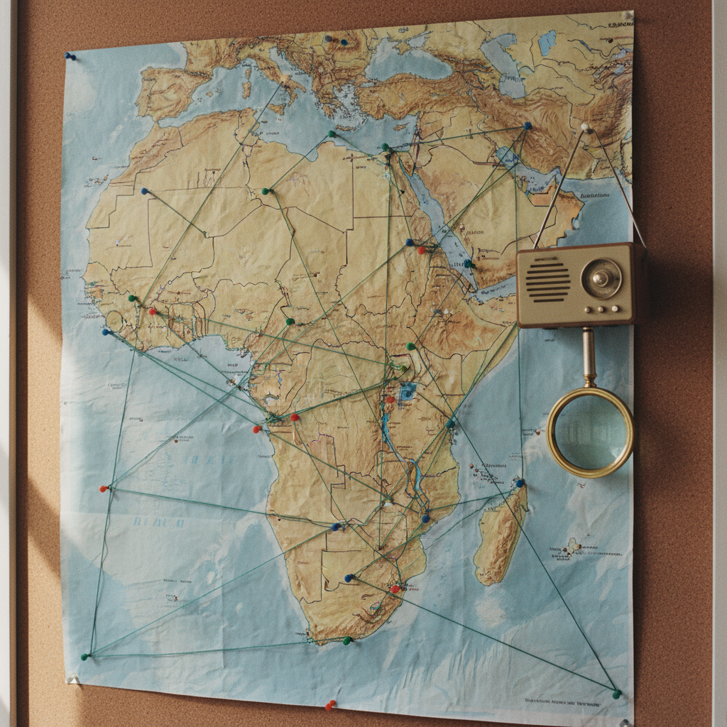 A detailed view of a physical map of the Gulf of Guinea pinned to a corkboard, with red and blue twine connecting different coastal cities.