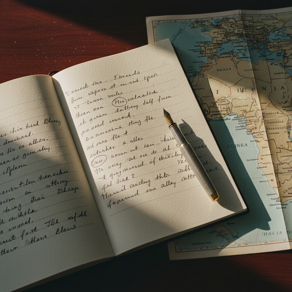 Close-up of a vintage leather-bound ledger next to a modern drafting pencil and a map of West Africa on a wooden desk.