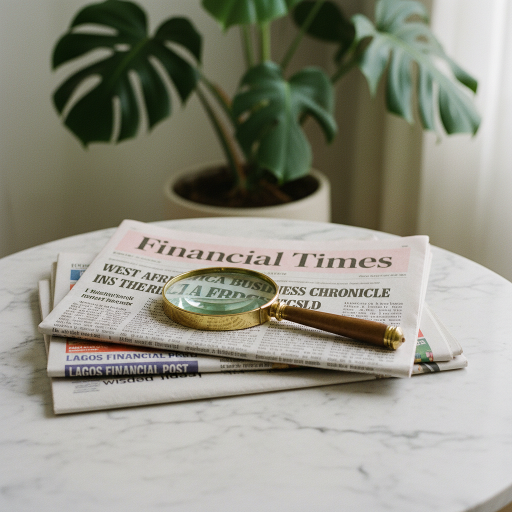 A collection of international business newspapers and a brass magnifying glass on a marble coffee table.