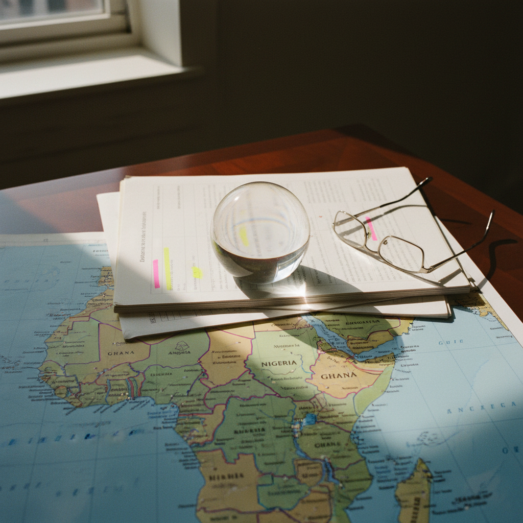 A close-up of a well-worn leather notebook, a vintage fountain pen, and a high-resolution printed map of the West African coastline on a dark wooden desk.