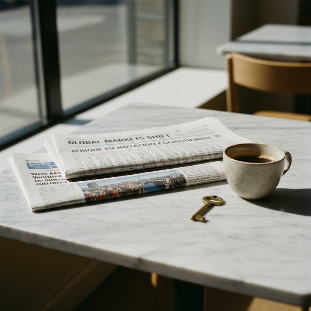 A collection of international business newspapers from Canada, Nigeria, and Kenya neatly folded on a marble bistro table next to a cup of espresso.