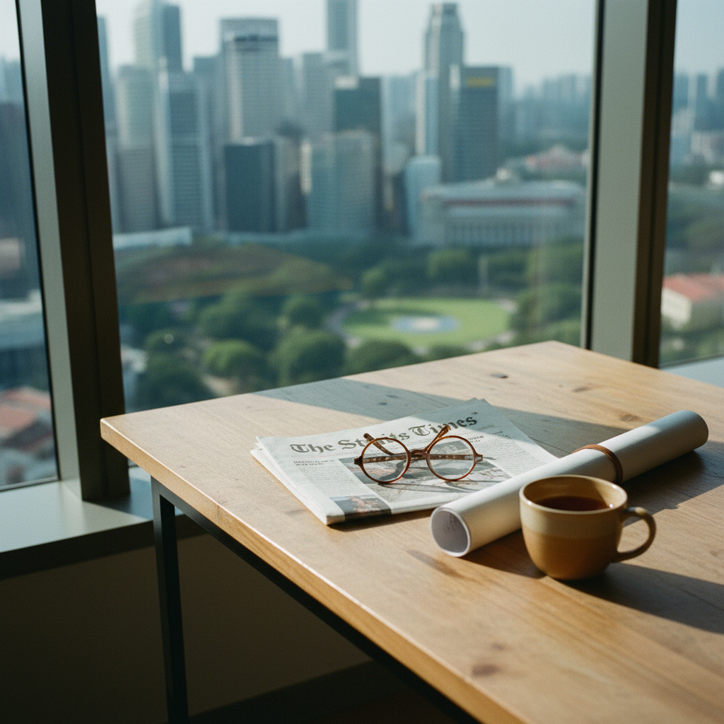 A focused professional workspace in Singapore with a physical newspaper, a ceramic coffee cup, and a stack of financial reports near a window.
