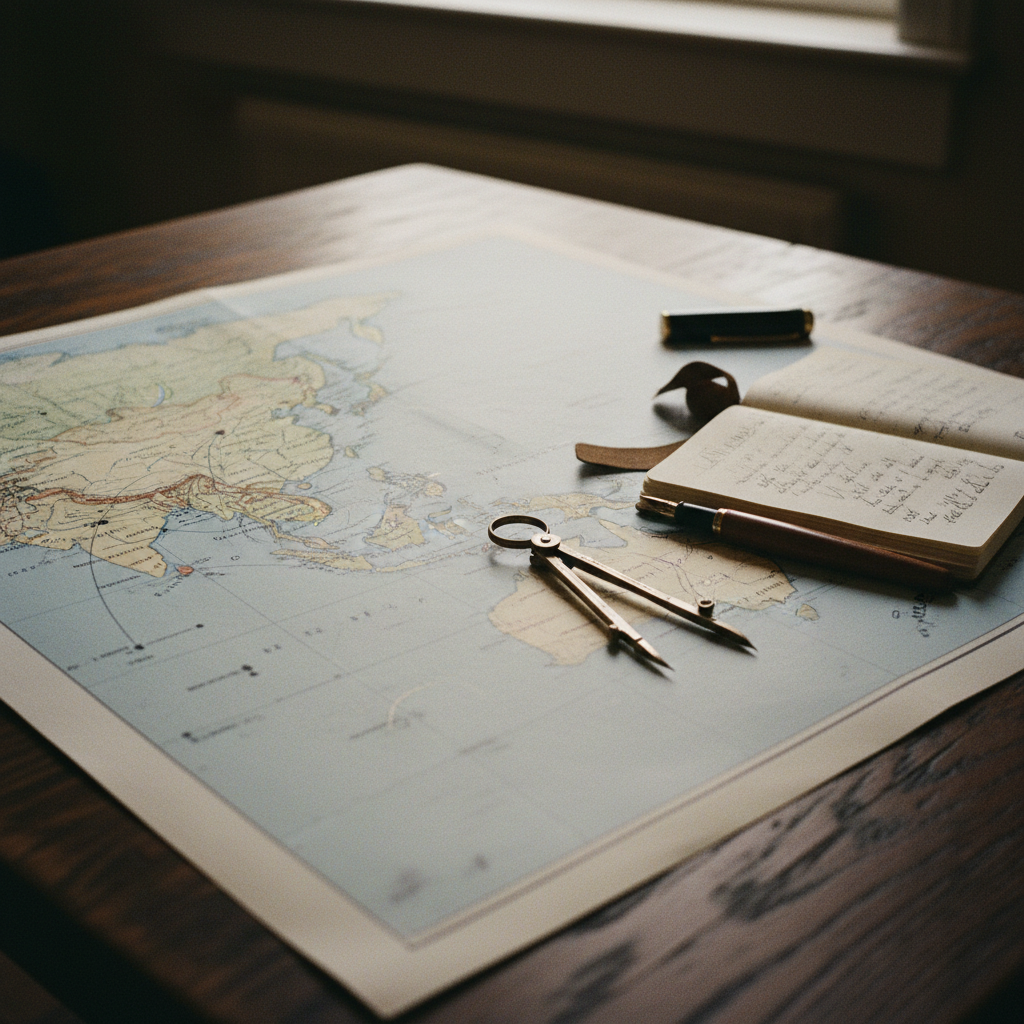 Detailed view of a world map spread across a table with handwritten notes and brass navigational tools.