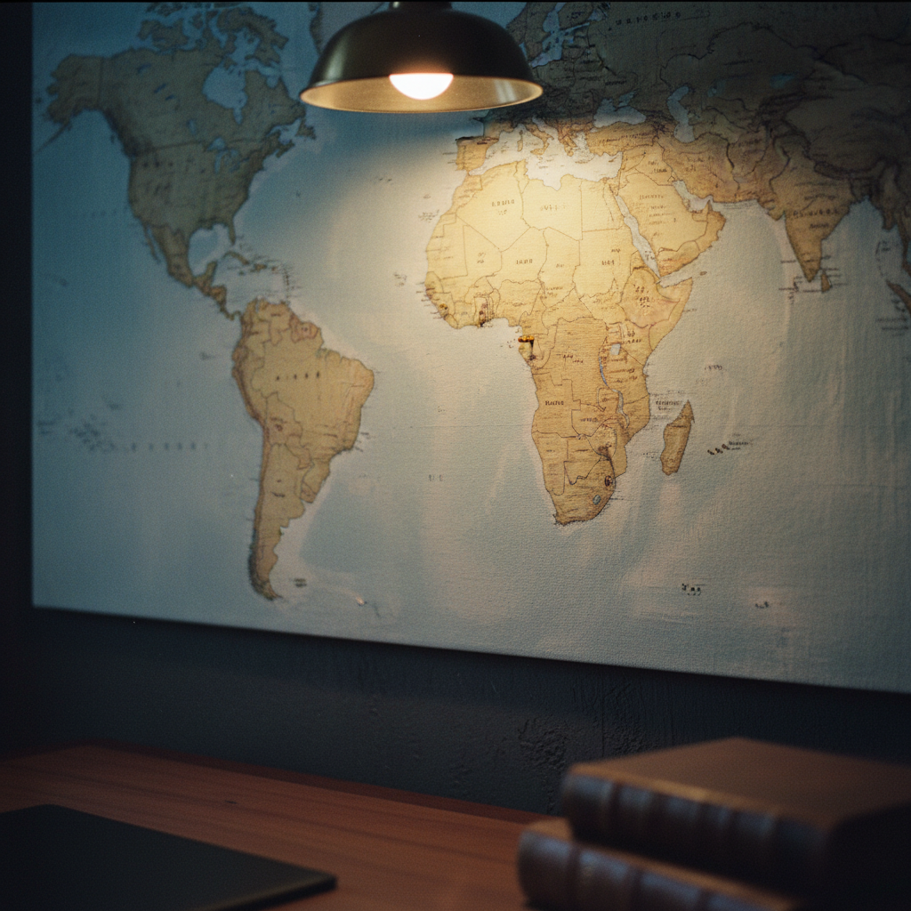 A close-up of a physical world map on a wall with small, brass-coloured pins marking key commercial hubs in West Africa.