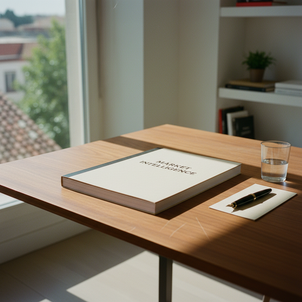 A clean, sunlit wooden desk in a Madrid office featuring a high-quality printed market report, a fountain pen, and a glass of water.