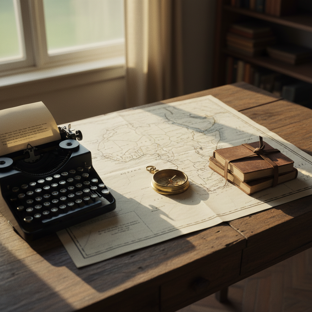 Macro photo of a wooden desk with a vintage typewriter, a hand-drawn map of the Gulf of Guinea, and a brass compass.
