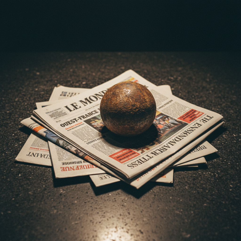Close-up of a stack of daily newspapers from various African nations, weighted down by a heavy iron paperweight on a dark stone surface.