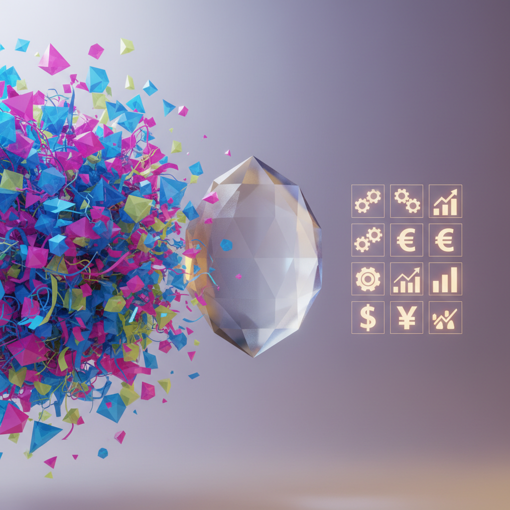 A symbolic representation of data filtering, showing complex binary code transforming into clear, actionable business icons.