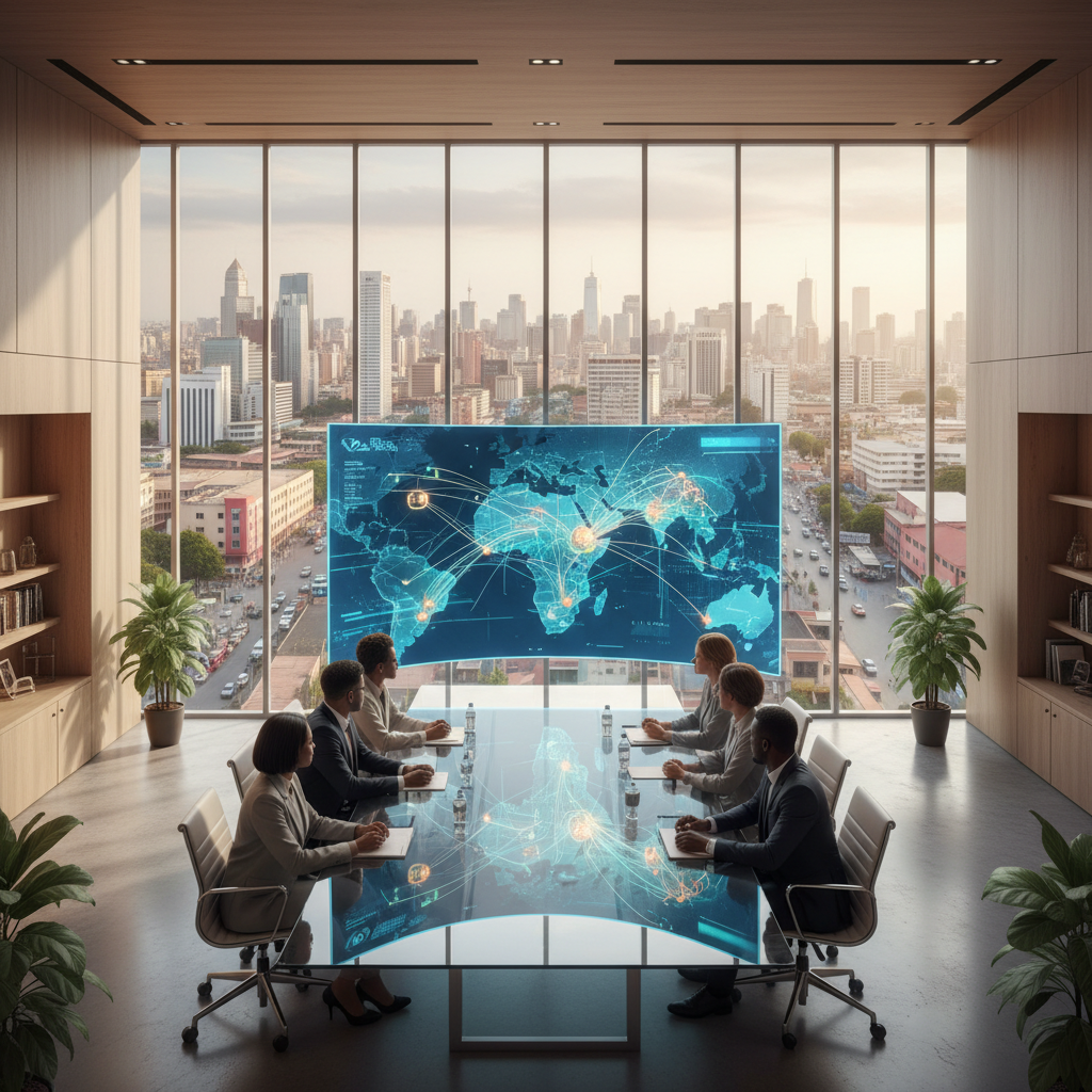 A high-end modern office in Lagos with a view of the skyline, featuring a large digital map of Africa highlighted with data points.