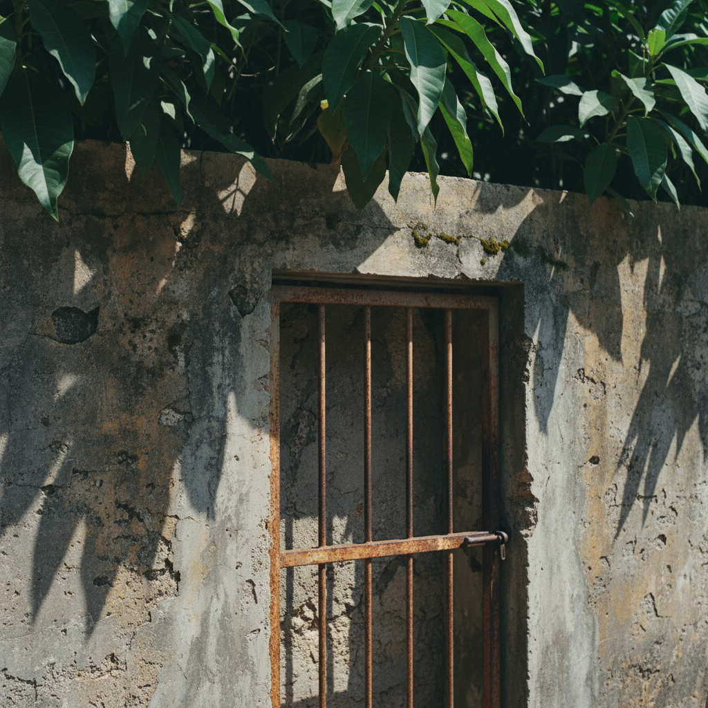 A weathered concrete wall with a small, rusted iron gate in an urban West African setting, overgrown with tropical vines.