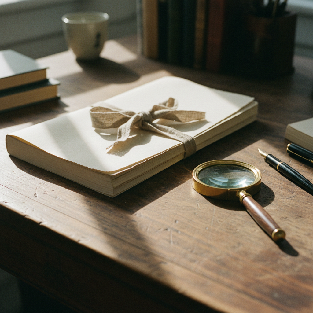 A vintage mahogany desk with a stack of bound reports, a brass magnifying glass, and a fountain pen in soft morning light.