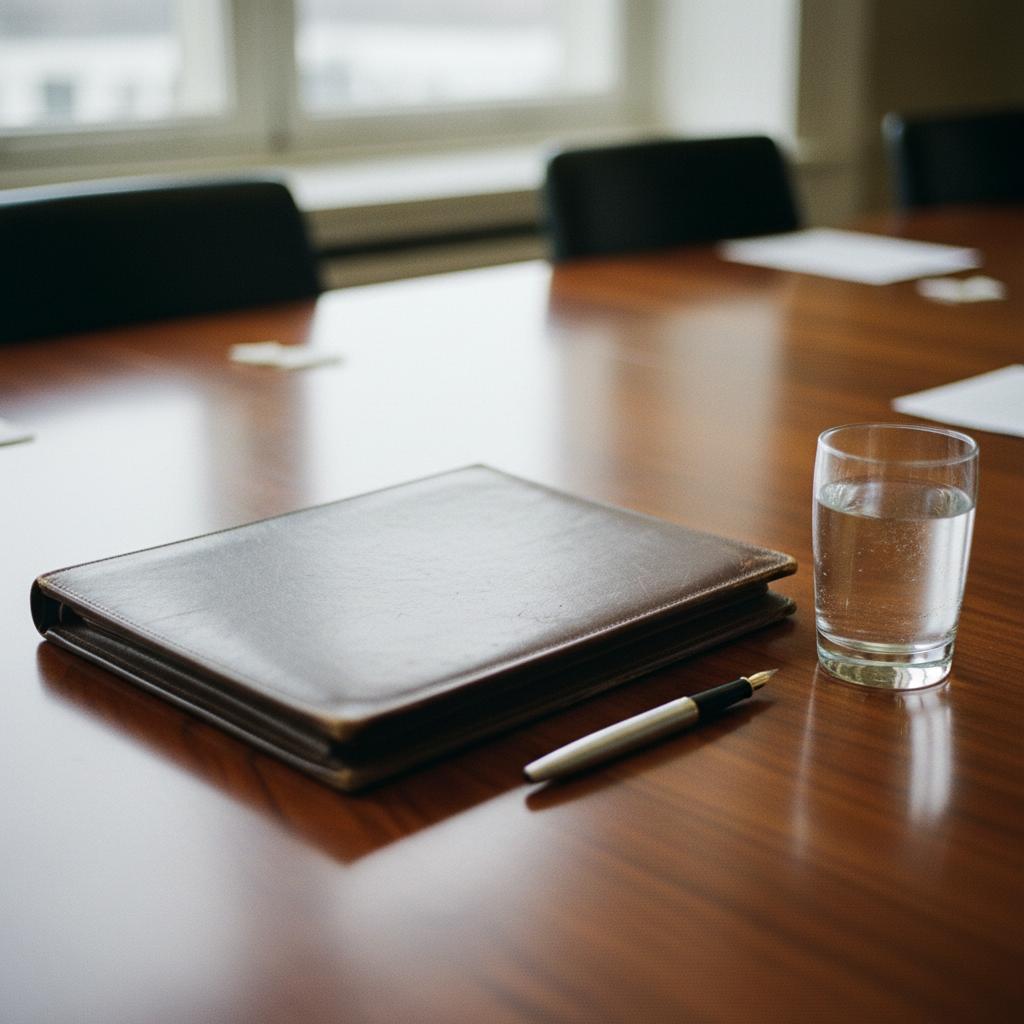 A close-up shot of a well-worn leather-bound briefing folder on a heavy mahogany desk, next to a fountain pen and a half-full crystal glass of water in soft afternoon light.