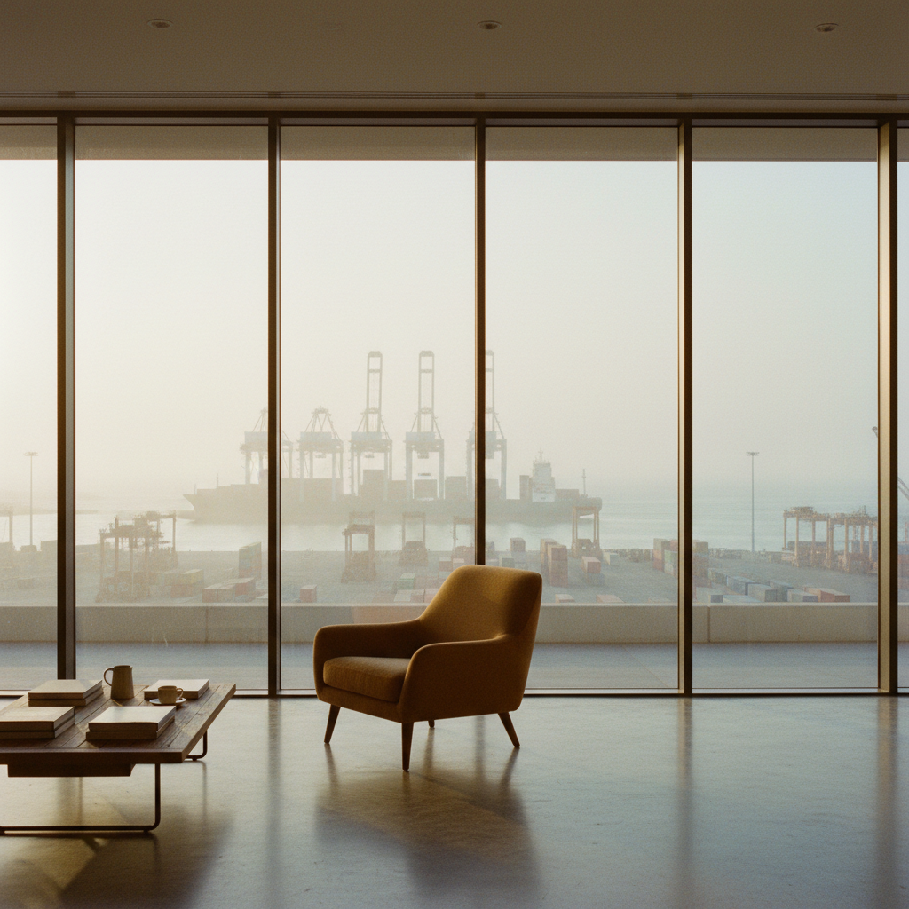 A wide shot of a brightly lit, high-ceilinged modern architectural space with large windows overlooking a bustling Lagos port area at sunrise.