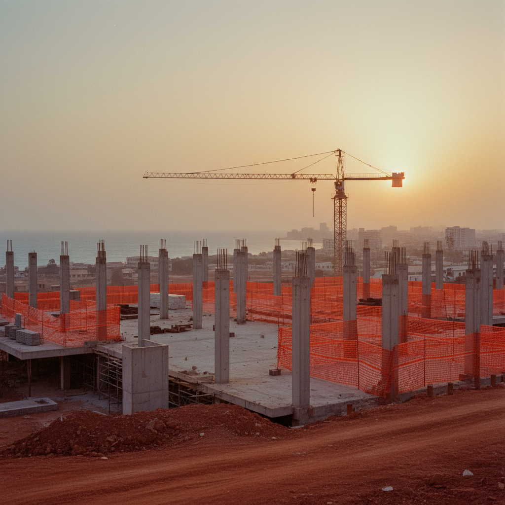 A landscape view of a bustling commercial district construction site in Lagos with cranes and exposed concrete structures against a hazy sunset.
