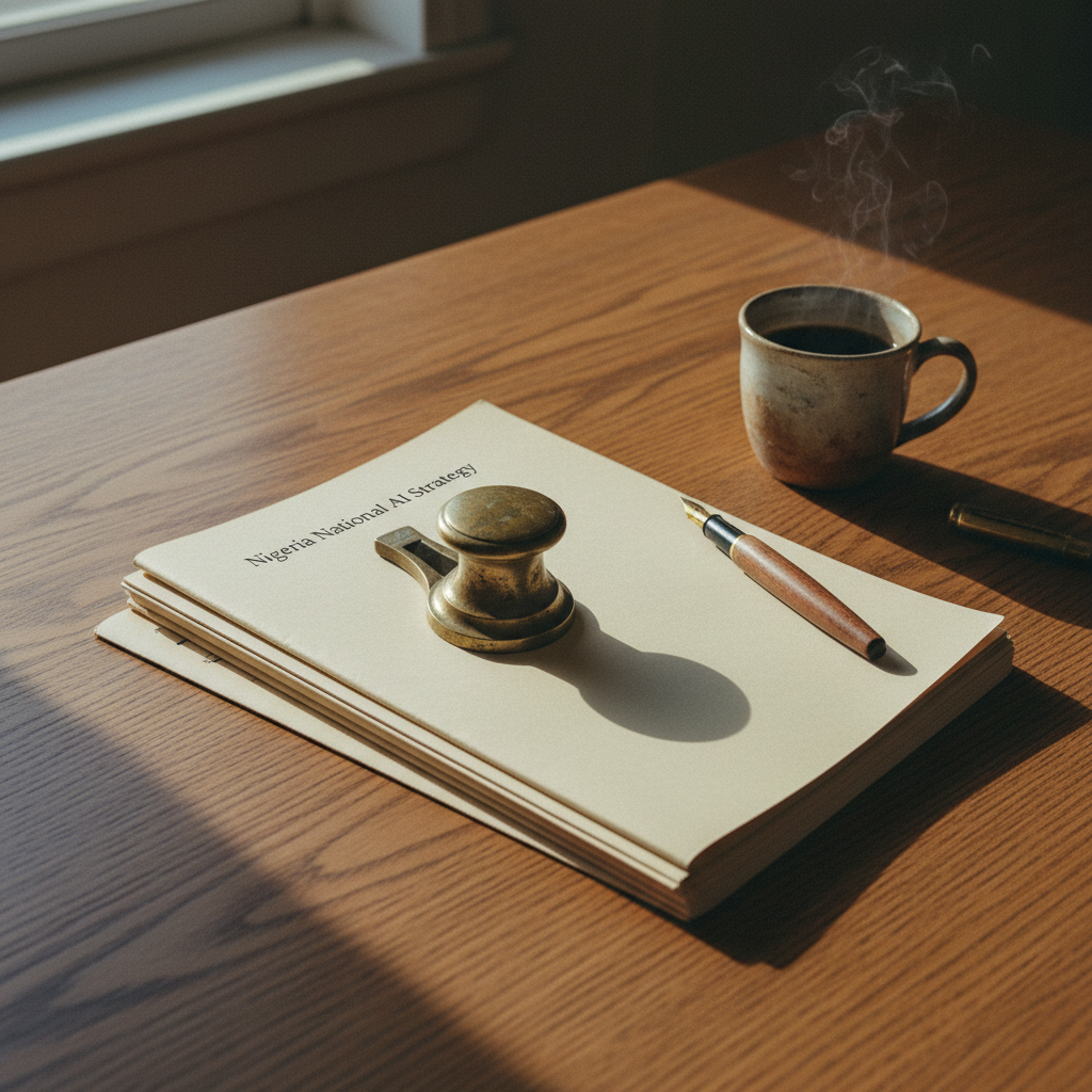 A high-angle tabletop shot of a wooden desk with a vintage typewriter, a stack of bound policy documents, and a pair of spectacles in natural morning light.