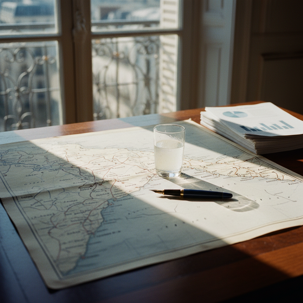 A wooden desk in a bright Paris office featuring a printed map of West Africa, a classic fountain pen, and a leather-bound notebook.