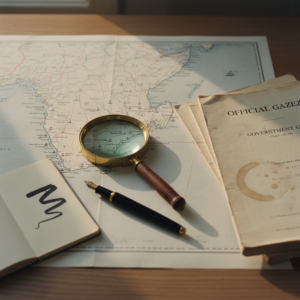 A close-up of a desk featuring a physical map of West Africa, a vintage compass, and a legal notepad with handwritten notes.